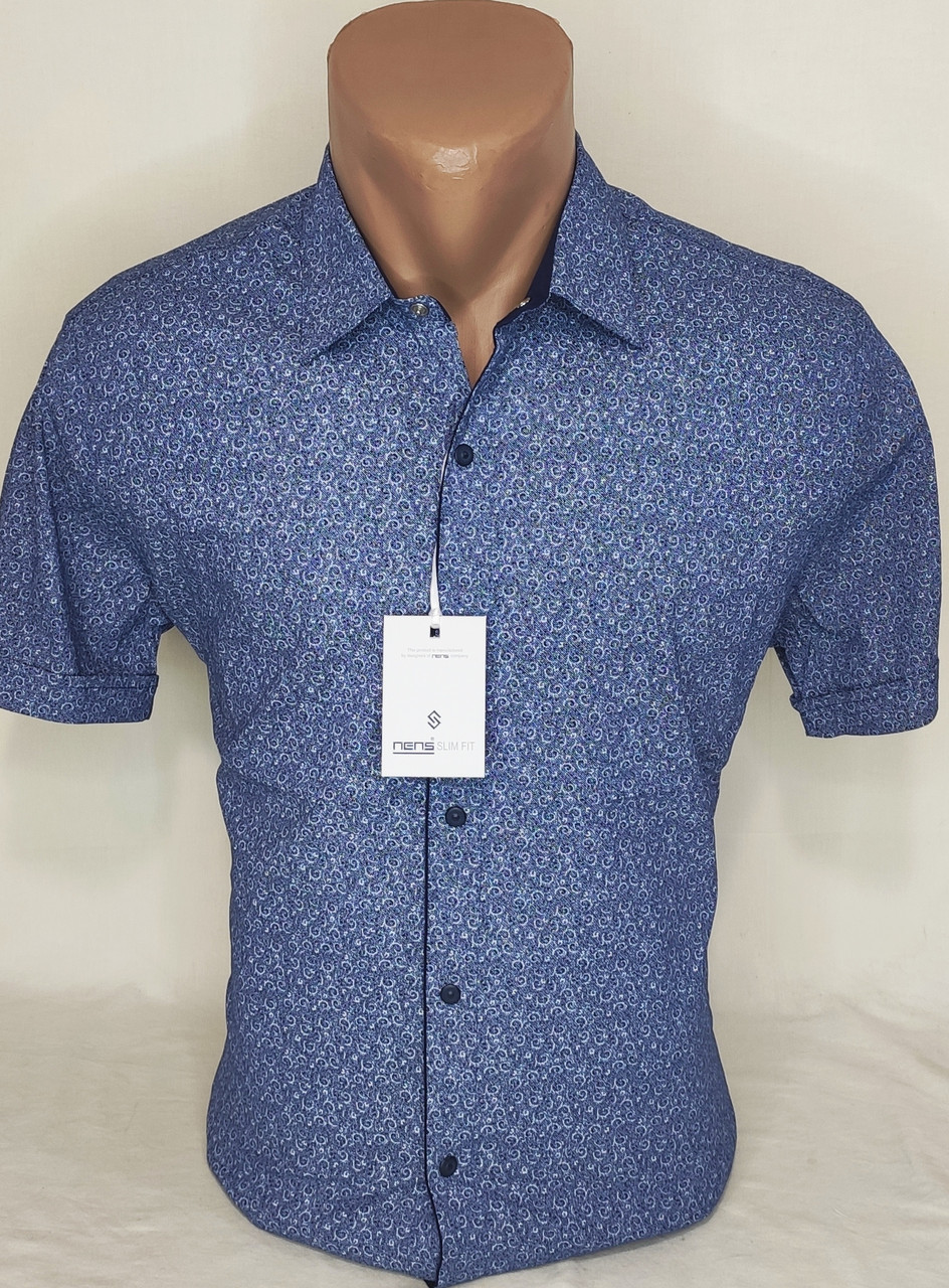 Чоловіча теніска синя у візерунок приталені стретч Туреччина Nens vk-0001 ошатна стильна молодіжна