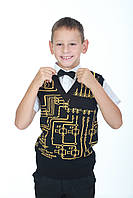 Жилет трикотажний в'язаний для хлопчика з малюнком Схема чорно-помаранчевий розміри від 122 до 152