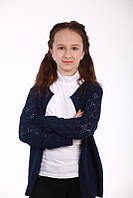 Кардиган для дівчинки ажурний синій шкільний трикотажний на гудзиках з ажурними рукавами розміри 122-152