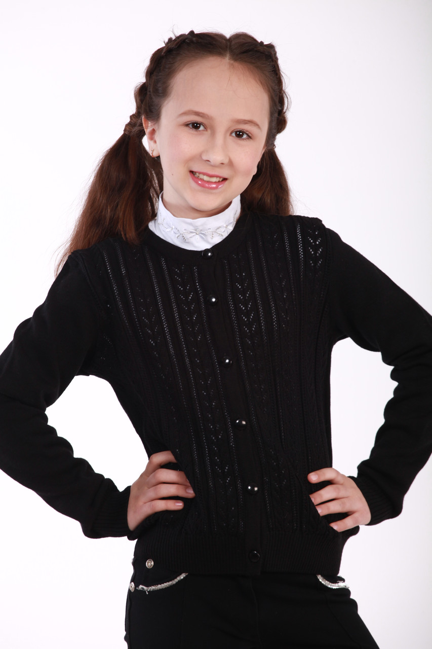 Жакет кардиган шкільний для дівчинки ажурний на ґудзиках чорний розміри 134-152, фото 1