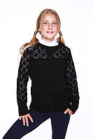 Кардиган для дівчинки чорний шкільний трикотажний на ґудзиках з ажурними рукавами розміри 122-152