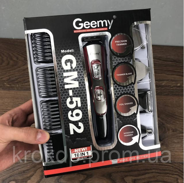 Тример з насадками Geemy GM-592 бездротова акумуляторна машинка для стрижки волосся і бороди 10 в 1