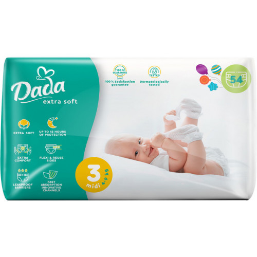 Подгузник памперсы Дада для детей 4-9 кг, 54 шт размер 3 MIDI Dada Extra Soft, сухость и комфорт на 12 часов - фото 1 - id-p1436375097