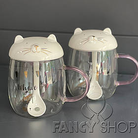 Чашка "Котики", мікс, Кружка стеклянная с крышкой и ложкой "Котик"