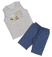 Детская трикотажная пижама для мальчика с Роботами( майка+шорты), 98-104см, 2-3 года, Donella Серая майка с надписью+синие шорты