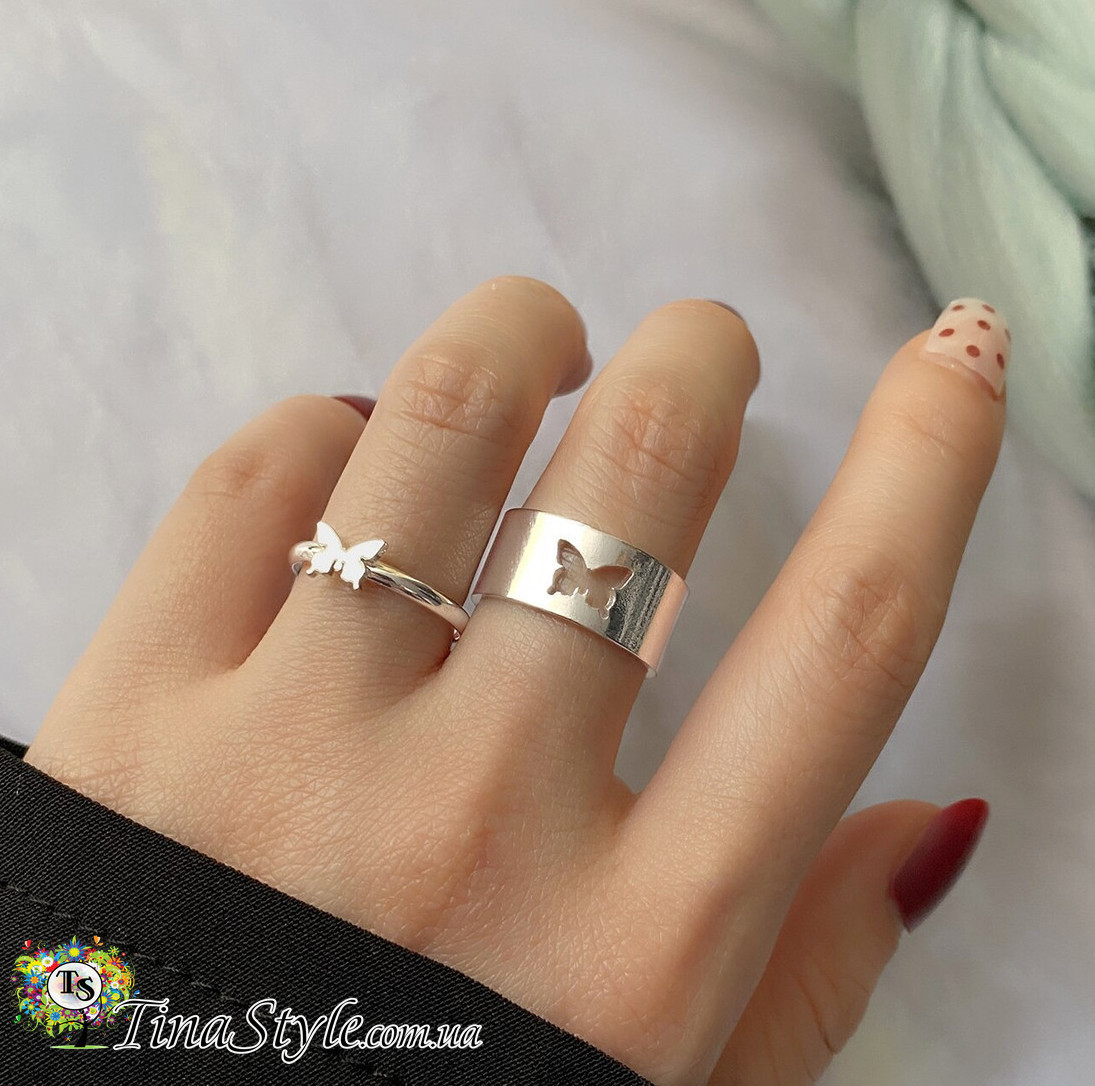 Набір кілець метеликами срібло 2 шт комплект кісточки на кінчик пальця, фото 1