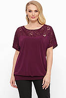 Красивая женская футболка с гипюром большого размера 52-62 размера разные расцветки 56, Сливовый