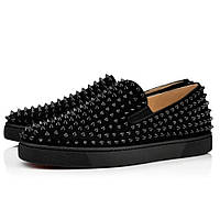 Мужские мокасины Christian Louboutin Thorn Storm, черные замшевые мокасины Кристиан Лубутен