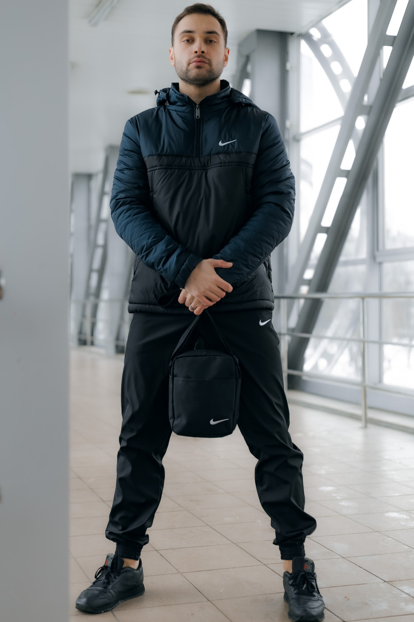 Вітровка Анорак теплий Найк, Nike синьо - чорний + Штани President + подарунок Барсетка, фото 1
