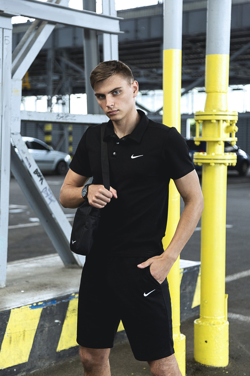 Футболка Поло чорна + Шорти + ПОДАРУНОК Барсетка Nike (Найк) Костюм літній, фото 1