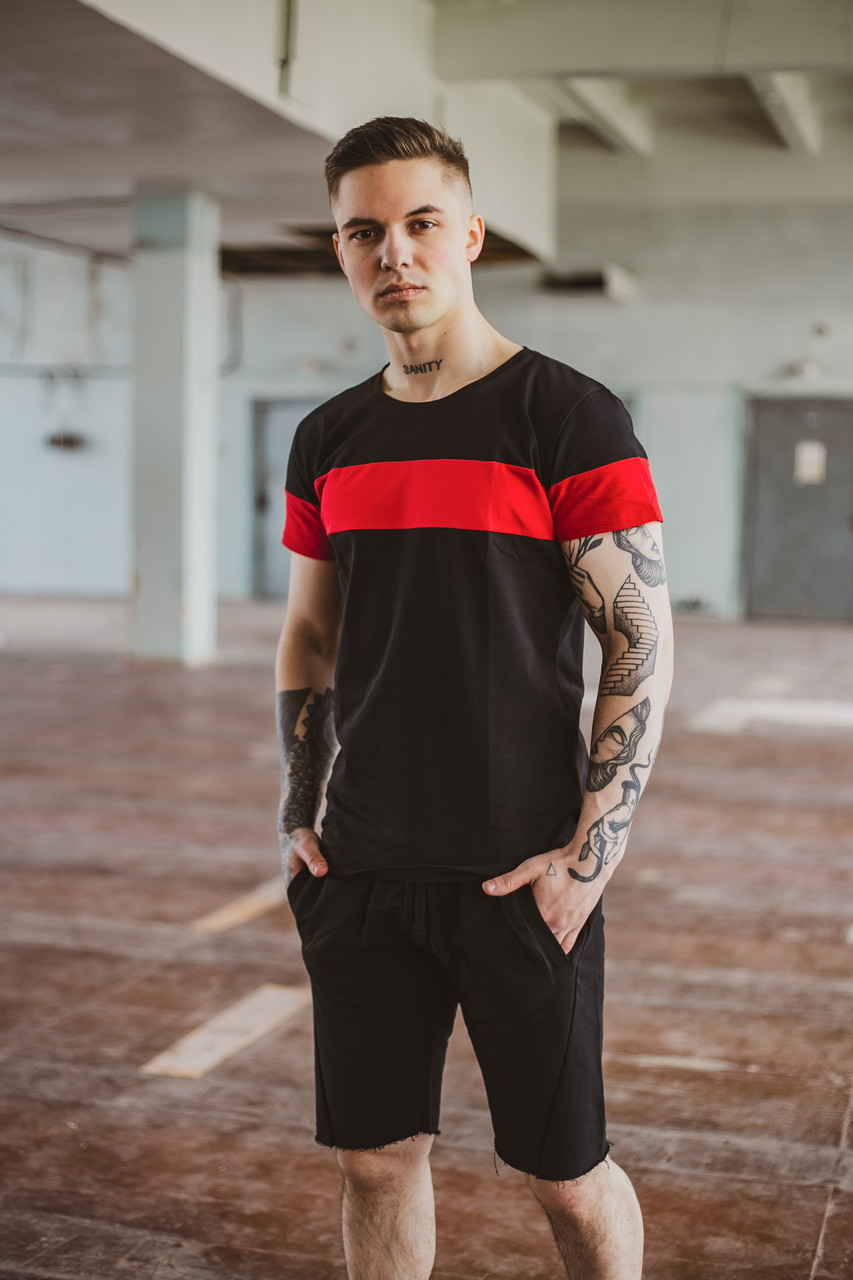 Футболка "Color Stripe" чорна - червона+ Шорти трикотажні чорні . Костюм літній чоловічий спортивний