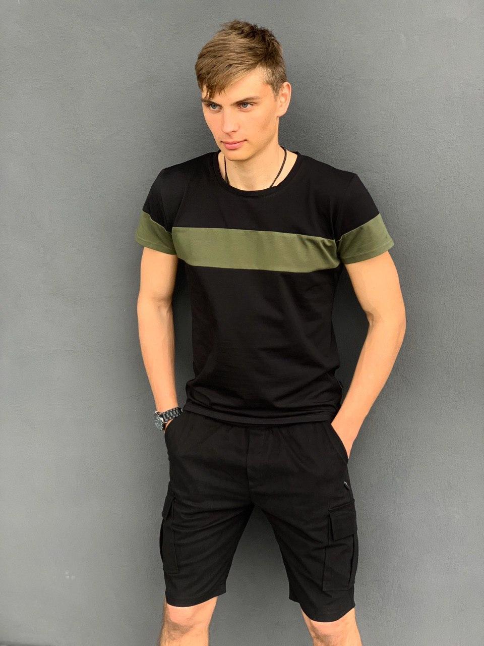 Футболка "Color Stripe" чорна - хакі + Шорти Miami Чорні . Комплект літній чоловічий