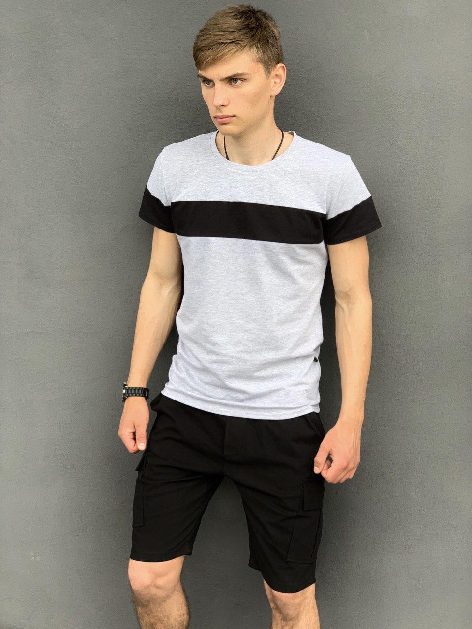 Футболка "Color Stripe" сіра - чорна + Шорти Miami Чорні . Комплект літній чоловічий