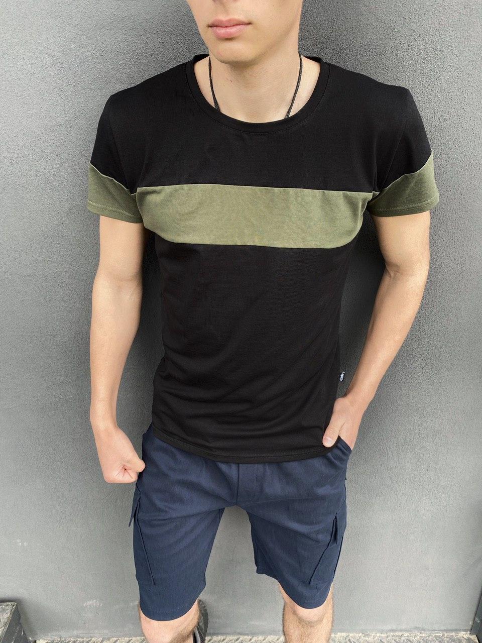 Футболка "Color Stripe" чорна - хакі + Шорти Miami сині . Комплект літній чоловічий