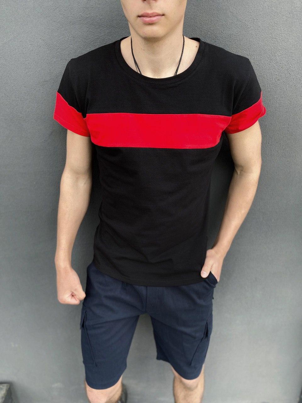 Футболка "Color Stripe" чорна - червоний + Шорти Miami сині . Комплект літній чоловічий