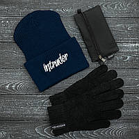 Мужская | Женская шапка синяя зимняя big logo + перчатки черные, зимний комплект + ПОДАРОК