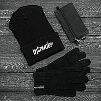 Мужская | Женская шапка черная зимняя big logo + перчатки черные, зимний комплект + ПОДАРОК
