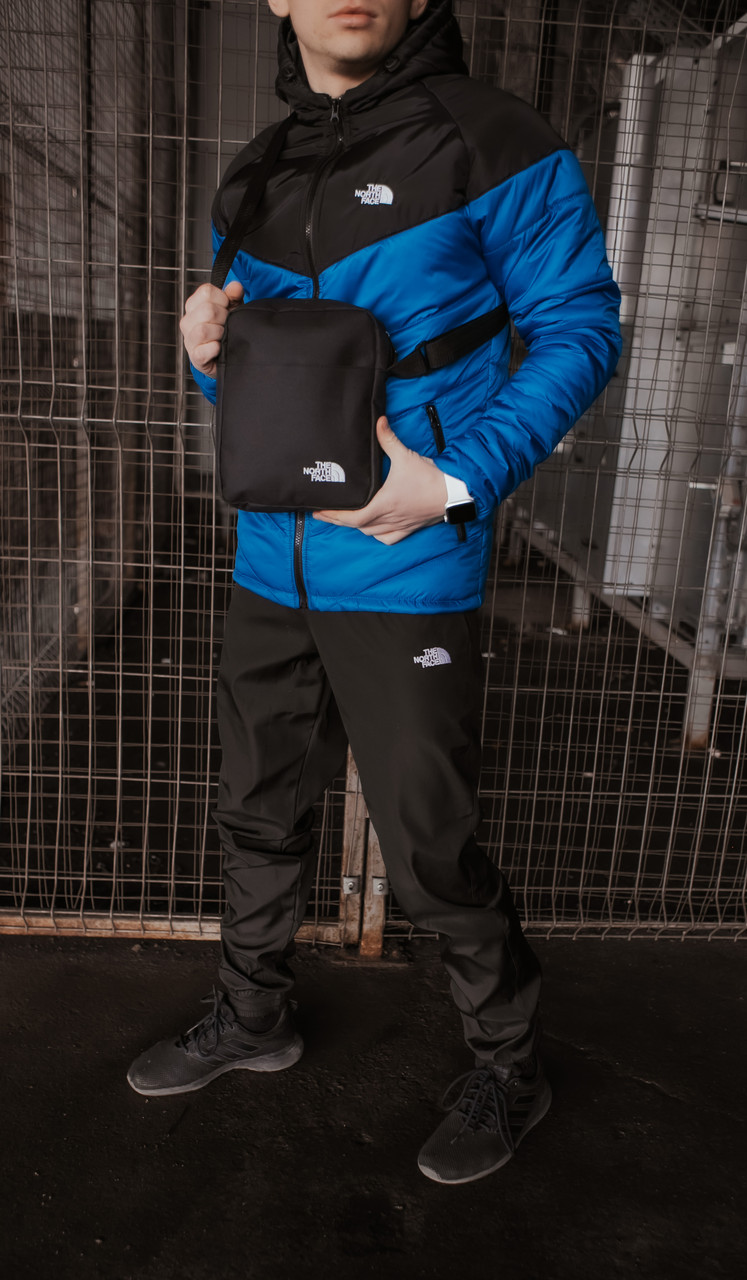 Костюм чоловічий The North Face Куртка синя-чорна+Штани чорні+подарунок Барсетка осінній / весняний електрик