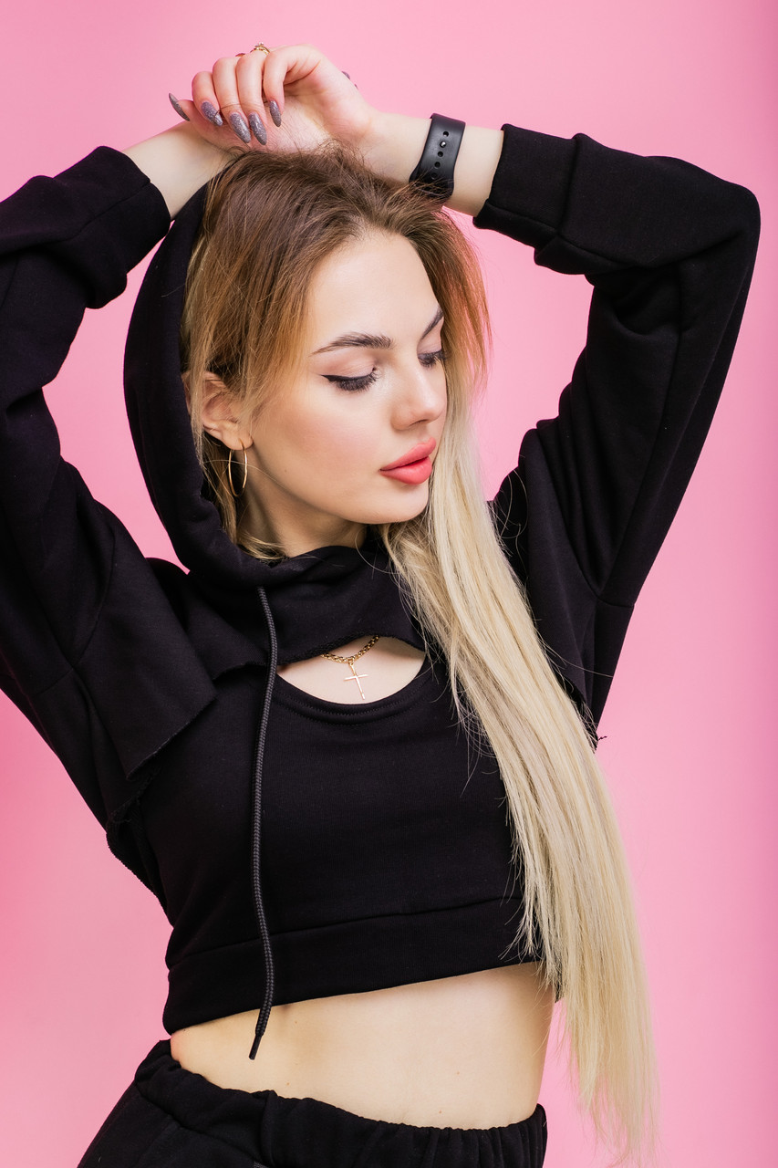 Худі Жіноче вкорочене 'Loop' Brand чорне кофта толстовка чорна + ТОП