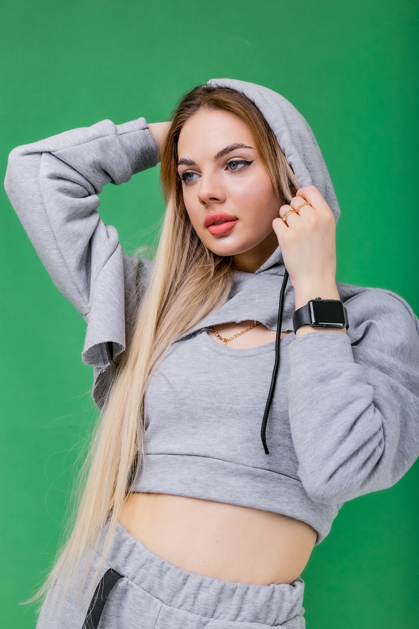 Худи Женское укороченное 'Loop' Brand серое кофта толстовка серая + ТОП