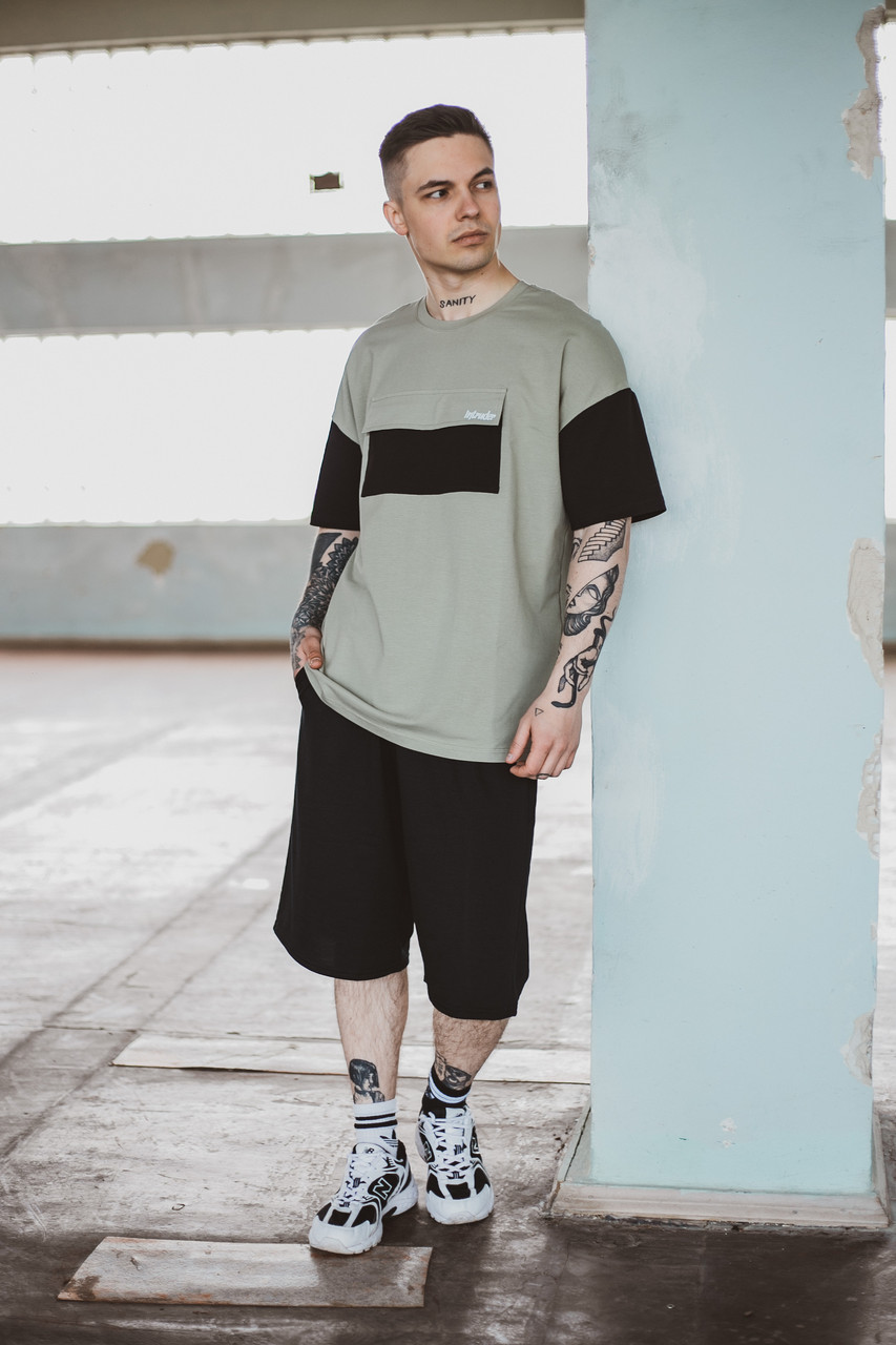 Футболка "Freedom" олива-чорна + Шорти трикотажні чорні . Костюм Oversize літній чоловічий спортивний