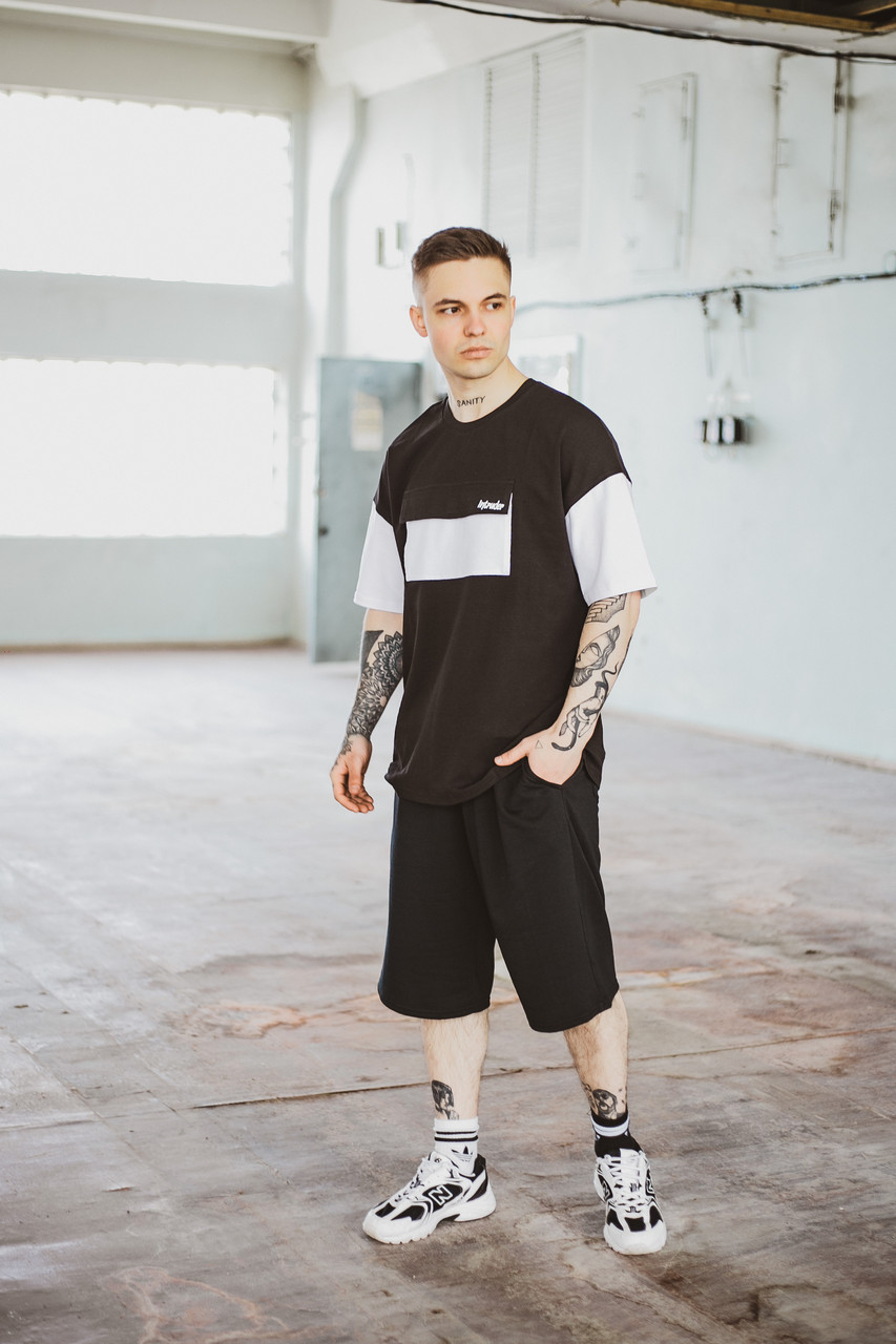 Футболка "Freedom" чорна біла + Шорти трикотажні чорні . Костюм Oversize літній чоловічий спортивний