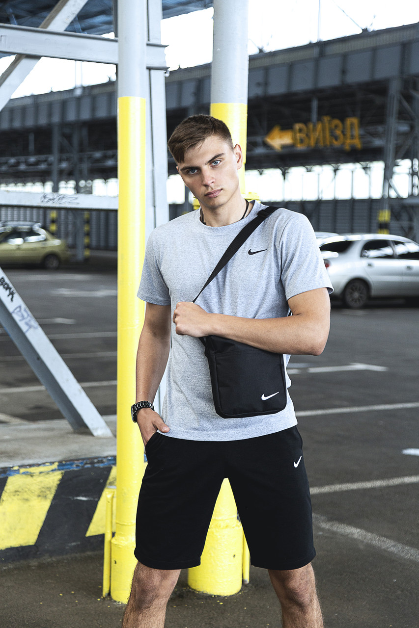 Футболка Nike чоловіча Сіра + Шорти чоловічі найк Чорні + Барсетка у подарунок! Костюм літній спортивний