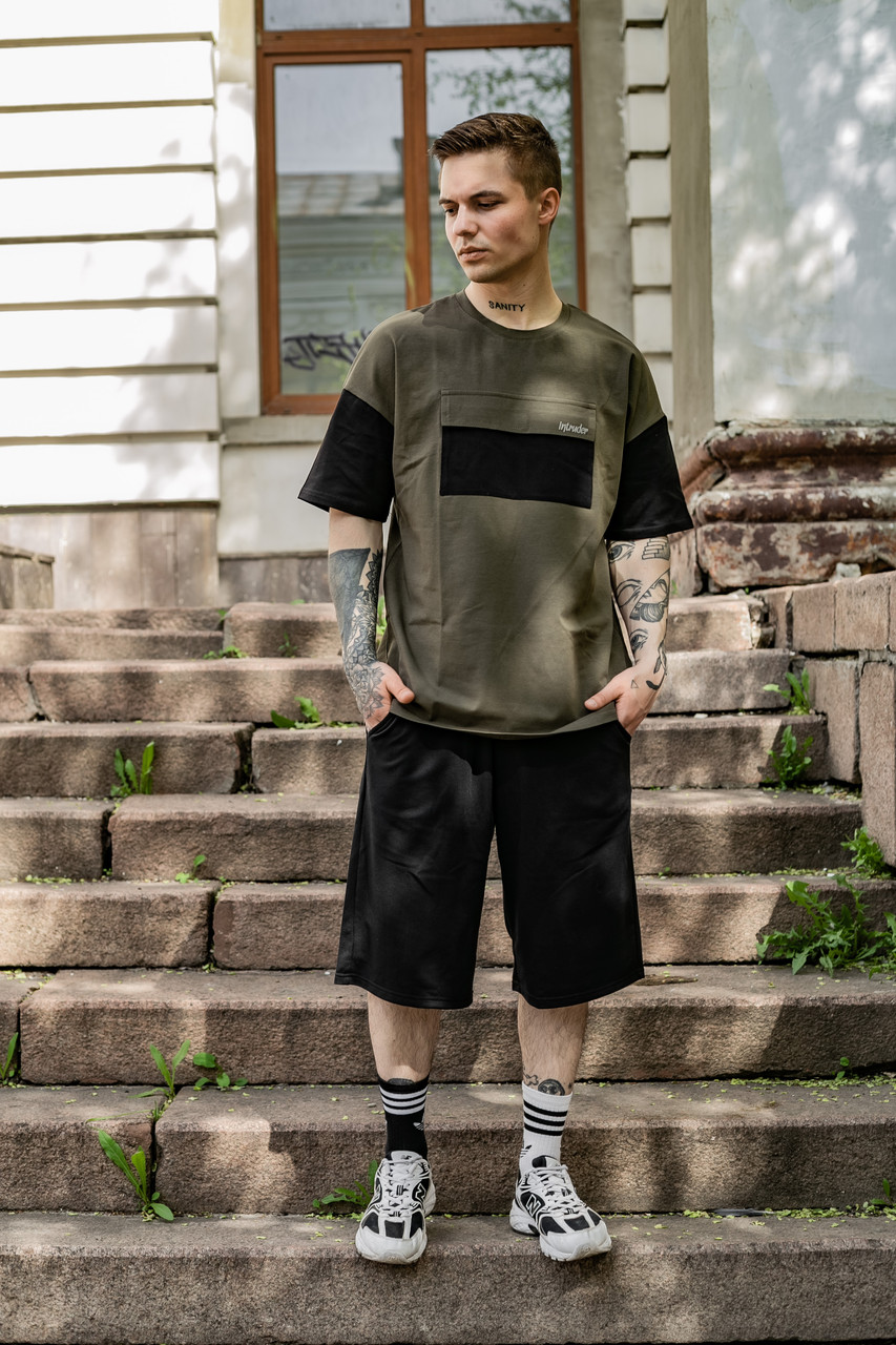 Футболка "Freedom" хакі-чорна + Шорти трикотажні чорні . Костюм Oversize літній чоловічий спортивний