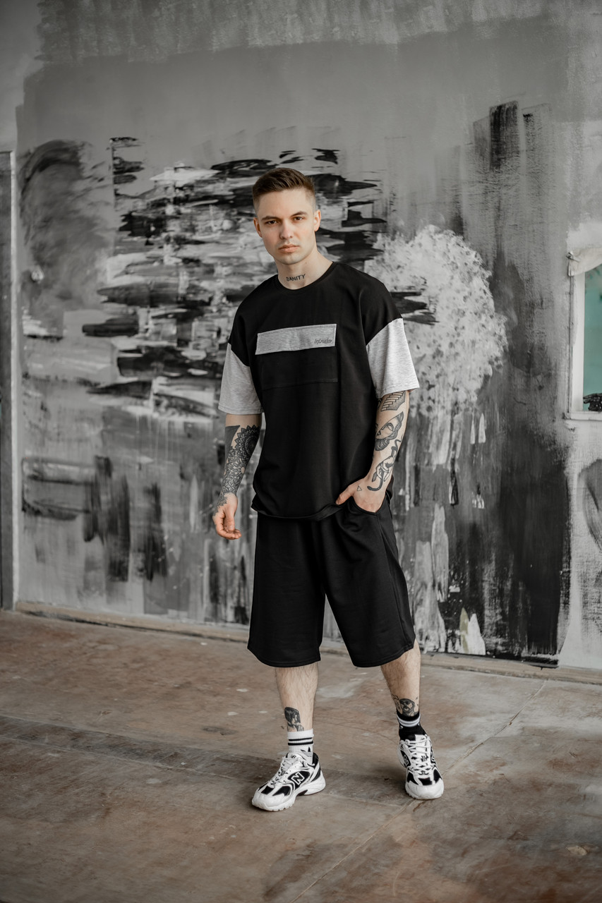 Футболка "Freedom" чорна сіра + Шорти трикотажні чорні . Костюм Oversize літній чоловічий спортивний
