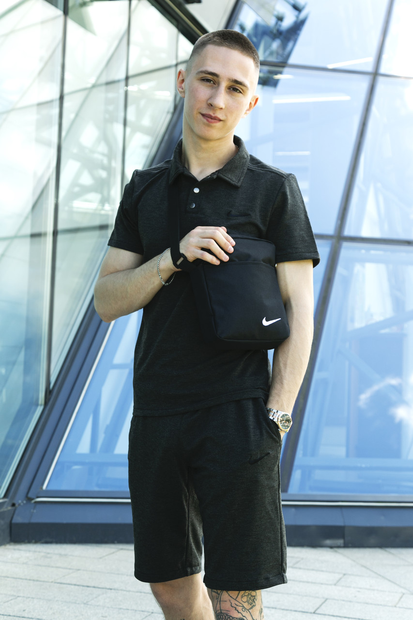 Костюм спортивний чоловічий Nike Футболка Поло сіре трикотажне+Шорти сірі+Барсетка (Найк) річний темний