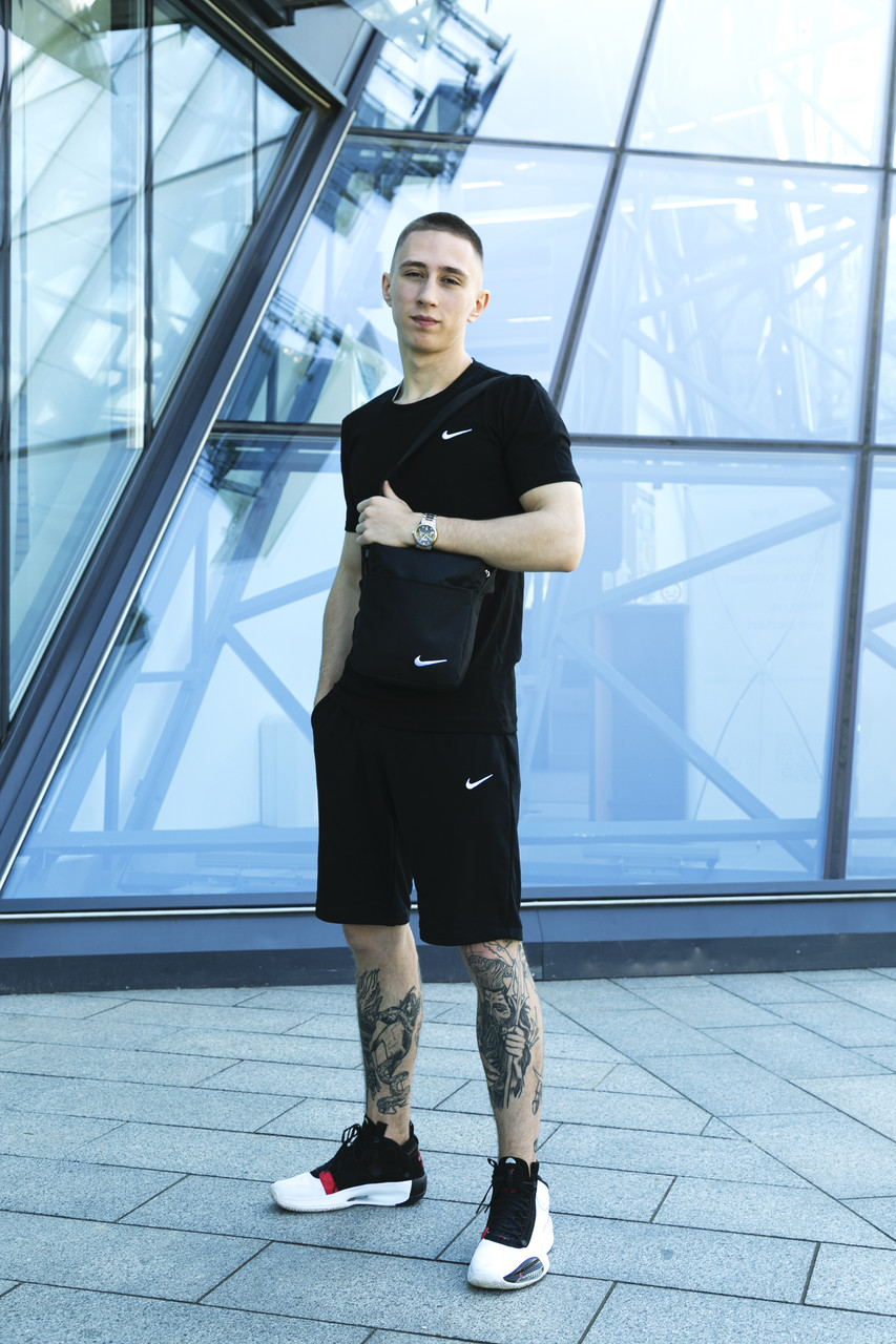 Костюм спортивний чоловічий Nike Футболка Поло чорне трикотажне+ Шорти чорні + Барсетка (Найк) річний
