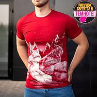 Модная мужская светящаяся футболка "Волки на камне" (красная), принт светится в темноте