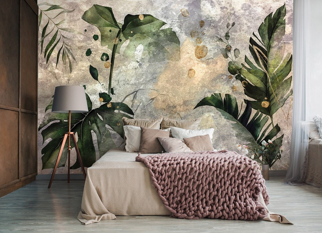 Фотошпалери флізелінові 368 x 254 см Акварельне зелене листя на бетоні (13923V8) Найкраща якість, фото 1