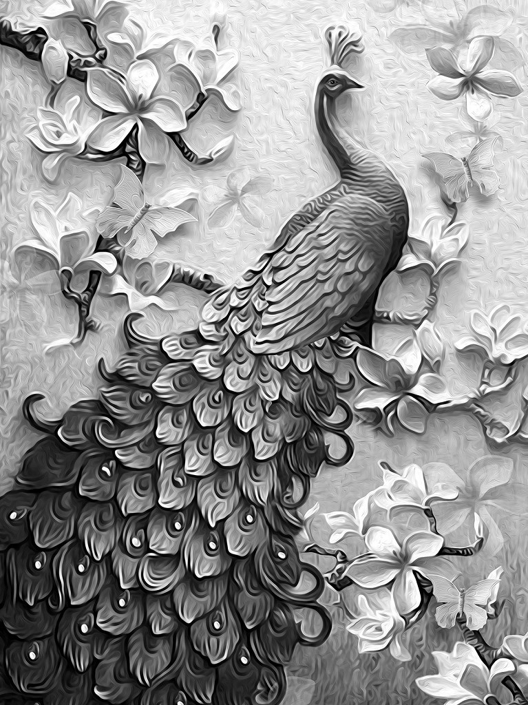 Фотошпалери флізелінові 184x254 см Тварини - Чорно білий павич (13594V4A) Найкраща якість, фото 1