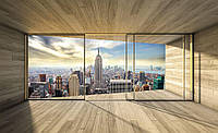 Флизелиновые фото обои город 3д деревянные доски 312x219 см Вид из окна террасы на панораму Нью-Йорка Лучшее