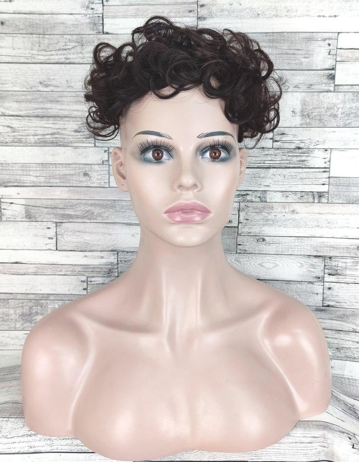 Накладка чубчик з натуральних волосся каштанового коричневого кольору хвиляста постиж для рідкого волосся, фото 1