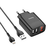 Сетевое зарядное устройство с дисплеем HOCO C86A Illustrious с кабелем Lightning |2USB, 2.4A|. Black