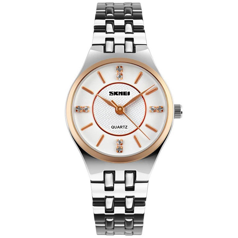 Skmei 1133 сріблястий жіночий годинник зі вставками з рожевого золота
