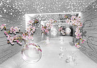 Фото обои 3д цветы и шары 254x184 см Серые стены и ветки вишни (3360P4) Лучшее качество