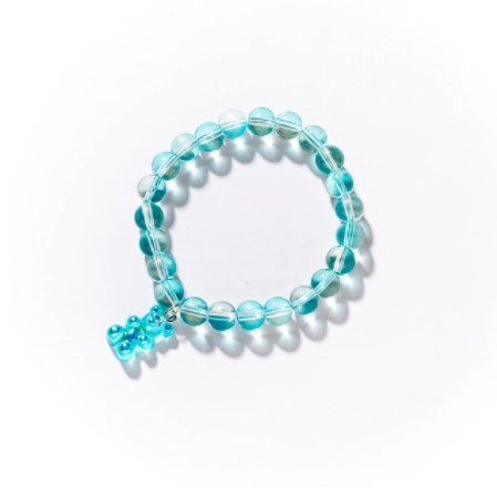 Браслет з ведмедиком і намистом, колір бірюзовий, розмір універсальний на резинці, ведмедик 1,6 см, фото 1