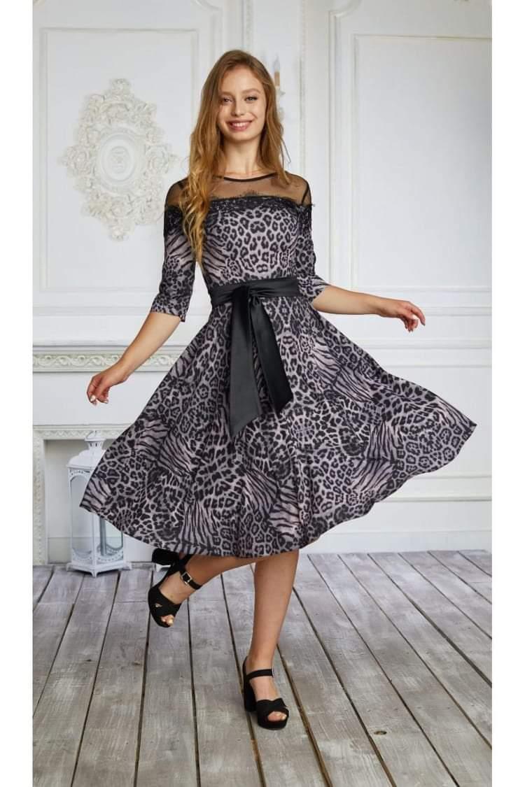 Плаття леопардове приталене сукня кльош з поясом 44 світло-фіолетове, фото 1