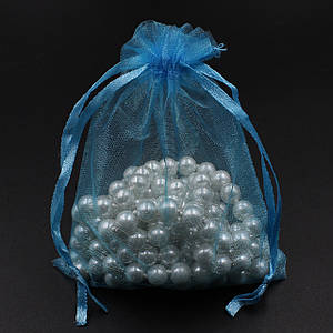 Мешочек подарочный голубой прямоугольный однотонный органза размер 7/9 мм с затяжками в упаковке 100 штук