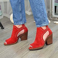 Туфли женские красные замшевые стильные на высоком каблуке, декорированы хольнитенами. 37 размер