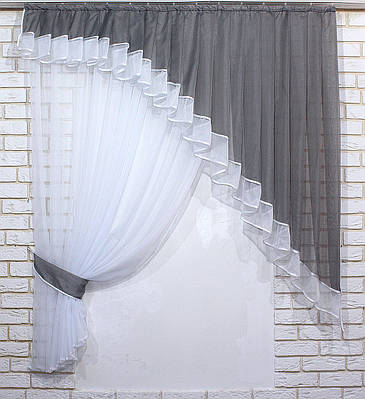 Кухонний комплект (150х170см.), шторка з ламбрекеном. Колір графітовий з білим. Код 062к 50-504