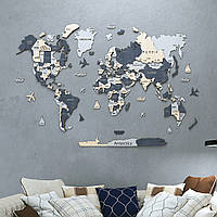 Карта Світу на стіну, дерев'яна багатошарова з країнами та столицями 3д