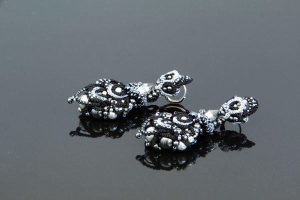 Сережки мереживні чорні авторські з перлами та кришталевими намистинами "Шарлот" Застібка - срібло Ручна робота