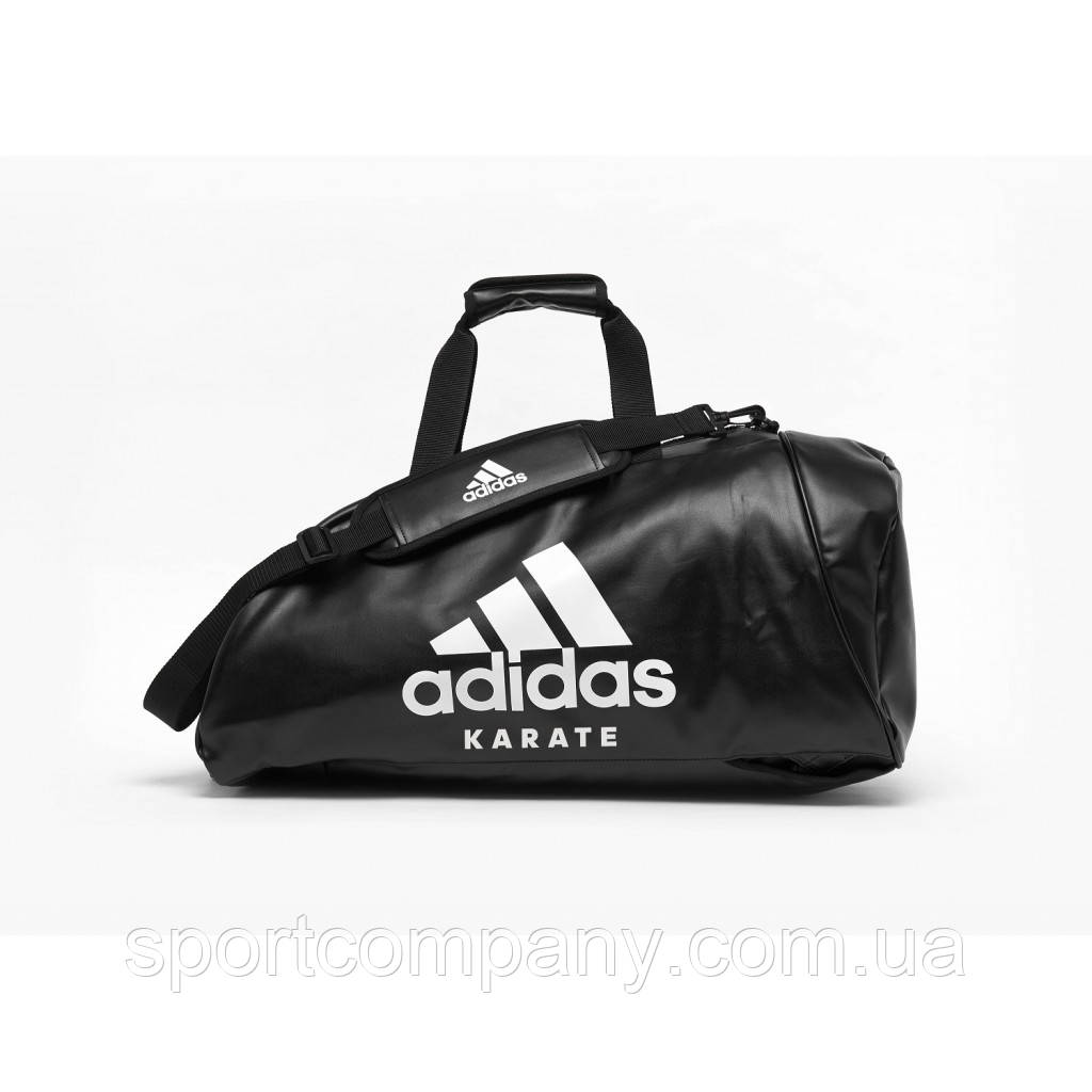 Спортивна сумка-трансформер Adidas чорна із білим логотипом Karate із міцної PU-шкіри