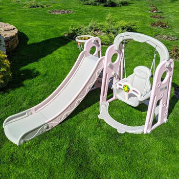 Гірка з гойдалкою Bambi YG2020-2-8 та баскетбольним кільцем Сіро-рожева (Ш120-г175-в106см)