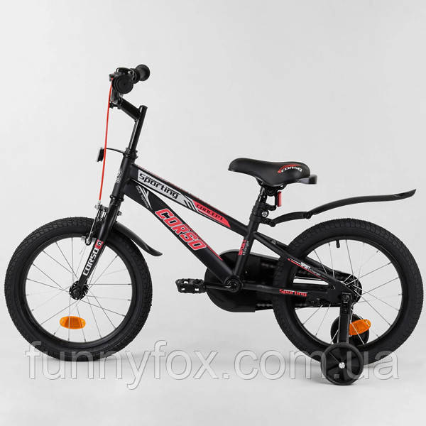 Дитячий двоколісний велосипед на зростання 110-115 см, 16 дюймів, чорний (дод. колеса, зібраний на 75%) CORSO