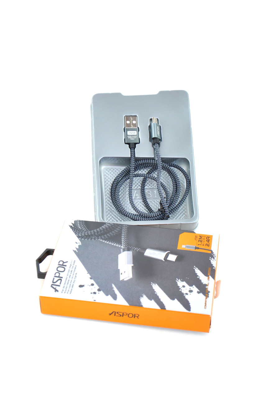Кабель USB Micro USB Aspor A131 2.4A 1.2m orig 100% (круглий, пластиковий шнур) Black
